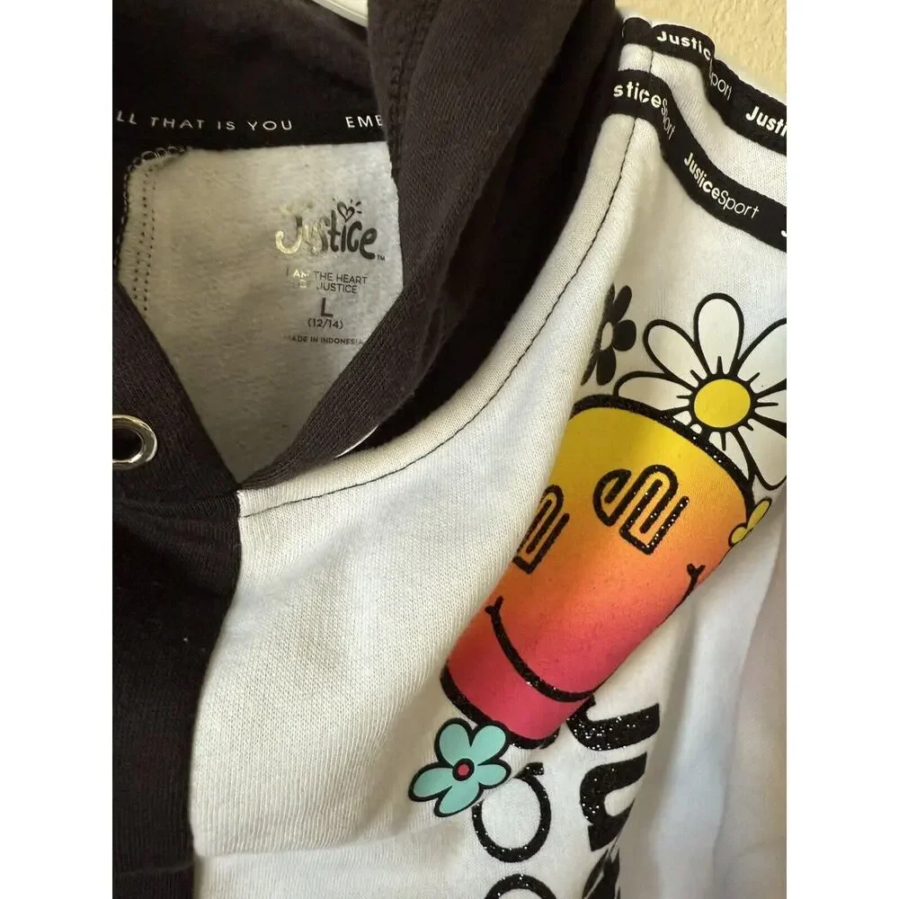 Justice Black White Glitter Logo Daisy Happy Face Pullover Hoodie Size L 12/14